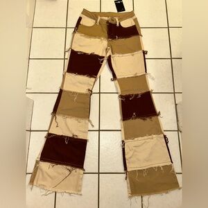 Patchwork Flare Pants in Brown and Cream